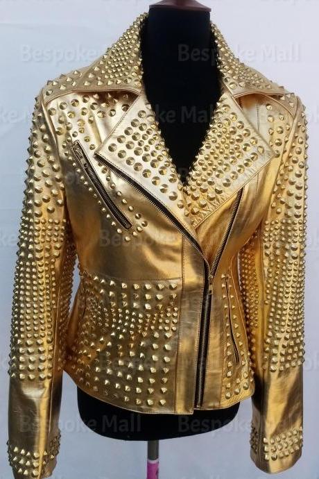 Handmade Women Punk Golden Studded Brando Rock Vintage Leather Jacket-9