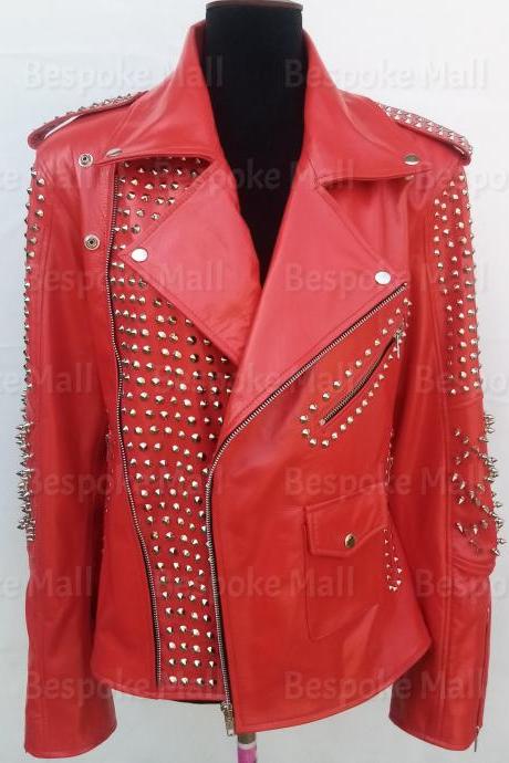 New Handmade Women Punk Red Silver Spiked Studs Brando Unique Leather Jacket-10