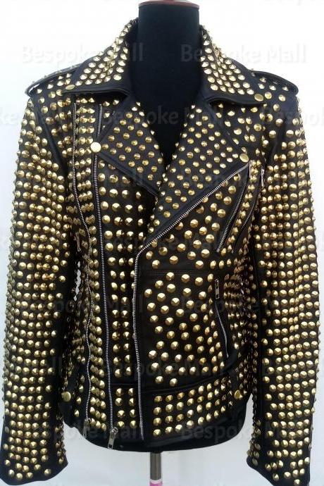 Handmade Women Punk Black Full Golden Studded Brando Style Steam Punk Studded Biker Zipper Cowhide Leather Jacket-12