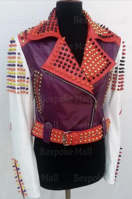 New Handmade Women Multi-Colors Spiked Studded Biker Cowhide Leather Jacket-14