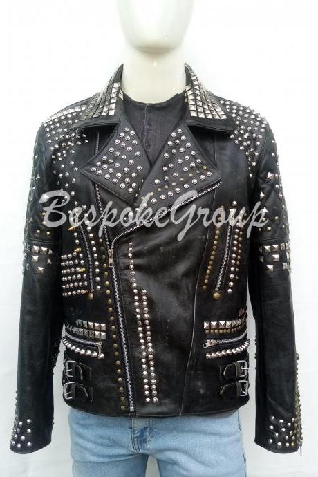 New Handmade Men Punk Black Spiked Studded Brando Style Rock Leather Jacket-17