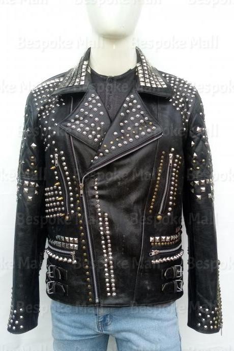 Handmade Men Punk Black Spiked Studded Brando Style Rock Leather Jacket-17
