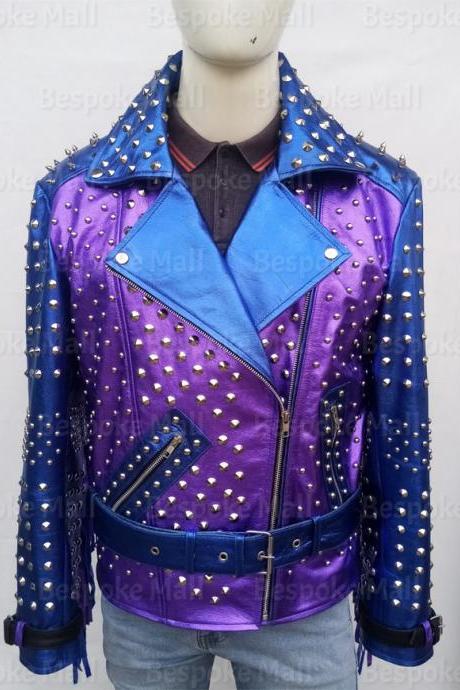 Men Handmade Blue Silver Spiked Studded Unique Cowhide Leather Jacket-19