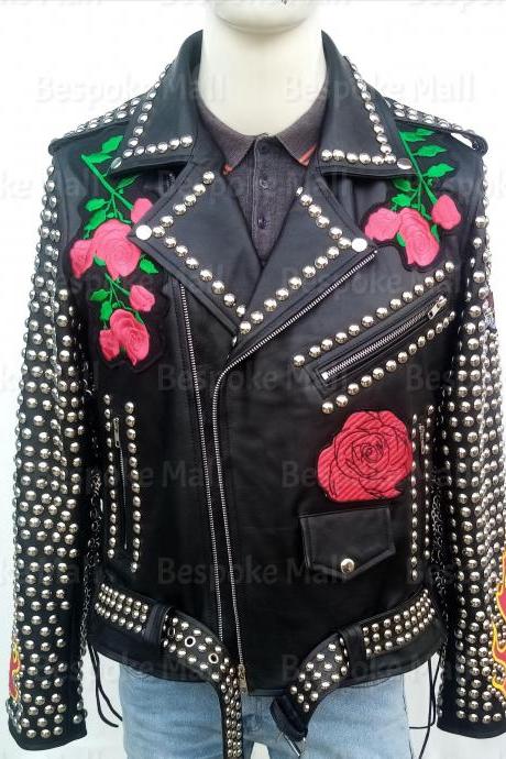 New Men's Handmade Black Silver Studded Embroidered Brando Leather Jacket-20