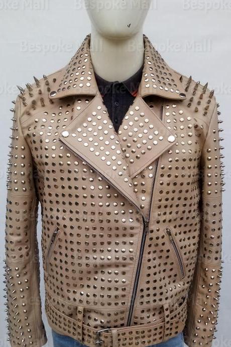Handmade Men Beige Silver Spiked Studded Brando Belted Leather Jacket-21