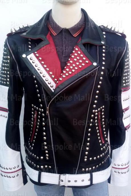 New Men Handmade Multicolored Silver Spiked Studded Rock Punk Leather Jacket-22
