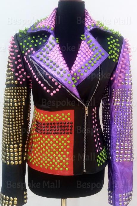 Handmade Women Rock Punk Multicolored Spiked Studded Steampunk Brando Unique Stylish Cowhide Leather Jacket-24