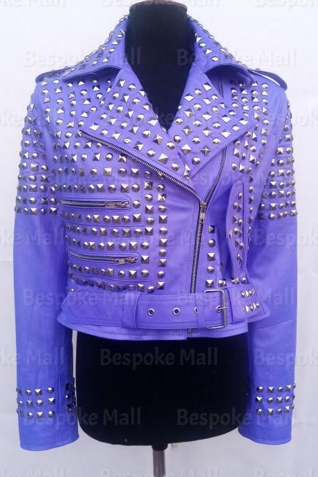 Handmade Women Punk Blue Silver Studded Brando Punk Unique Leather Jacket-26