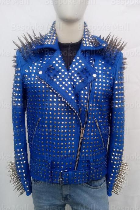 New Handmade Men's Blue Full Punk Silver Long Spiked Studded Leather Brando Belted Cowhide Leather Jacket-28