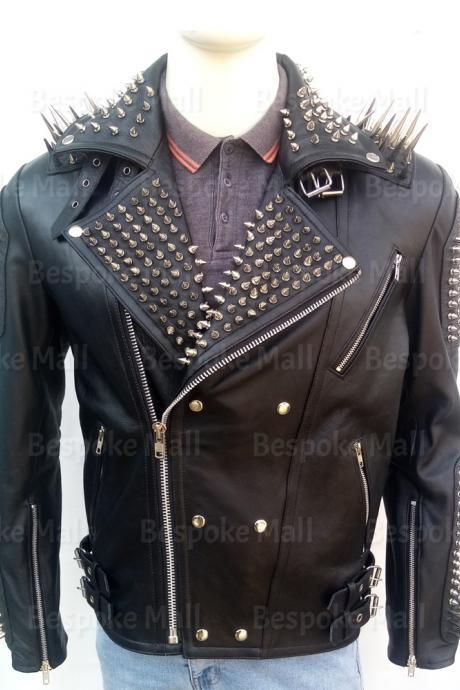 New Handmade Men Studded Leather Jacket Punk Silver Long Spiked Studded Leather Buttons Up Studs and Spikes Made to Orders Steampunk-30