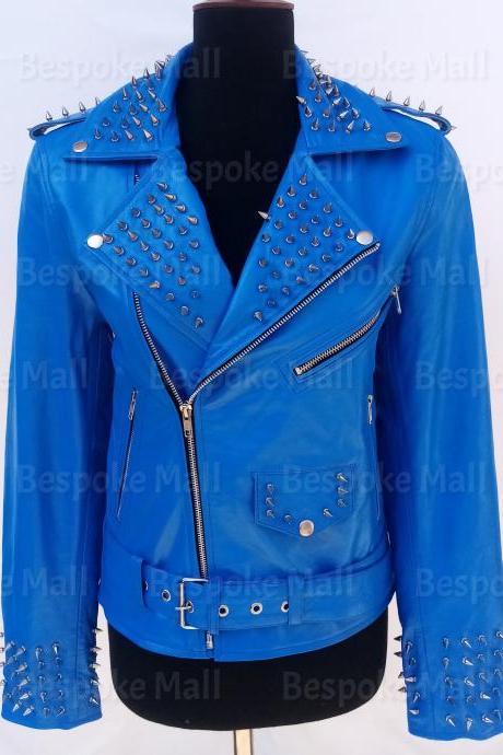 New Handmade Women Blue Silver Spiked Studded Belted Style Leather Jacket-33