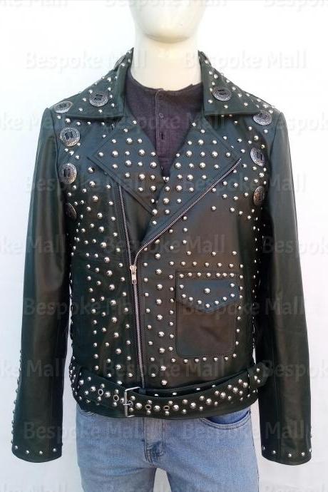 New Handmade Mens Punk Black Silver Studded Cowhide Biker Leather Jacket-35