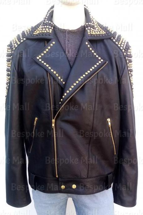 Handmade Mens Punk Black Golden Multicolored Studded Biker Stylish Cowhide Leather Jacket-36