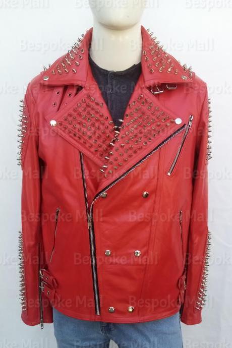 New Handmade Mens Red Silver Spiked Studded Fashion Cowhide Biker Leather Jacket Button Up-37