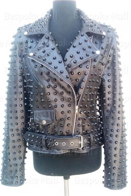 Handmade Women Black Metal Studs Punk Rock Unique Design Cowhide Leather-39