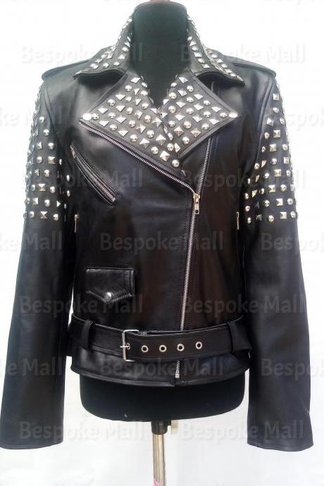 New Handmade Women Black Silver Studded Brando Style Cowhide Biker Leather Jacket Belted-42