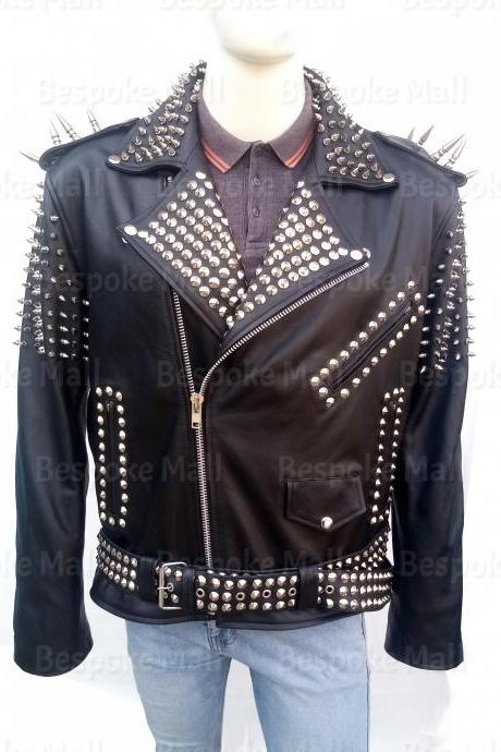 New Handmade Mens Punk Black Silver Long Spiked Studded Brando Belted Cowhide Biker Leather Jacket-43