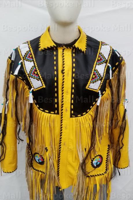 New Handmade Men Yellow Black Western Style Long Fringes Beads Leather Jacket-45