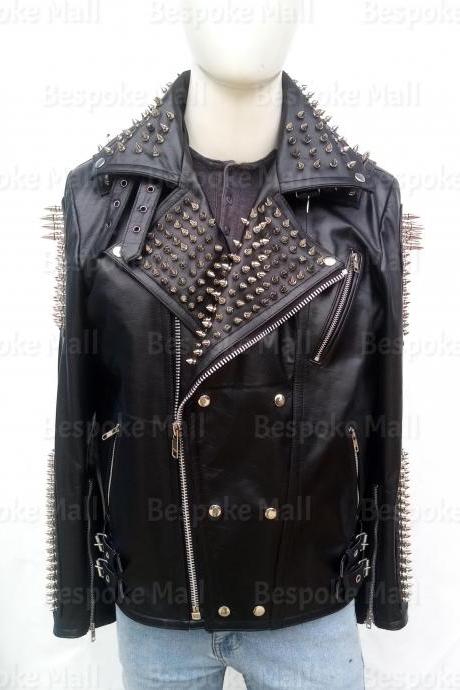 Mens Punk Black Silver Long Spiked Studded Brando Zipper Cowhide Unique Style Button Up Leather Jacket-47