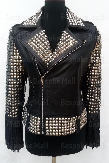 Handmade Women Black Silver Studded Brando Unique Designed Stylish Fringes Cowhide Biker Leather Jacket-49