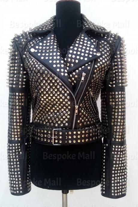 Handmade Women Punk Black Full Silver Spiked Studded Designer Stylish Brando Style Club Were Cowhide Biker Leather Jacket-51