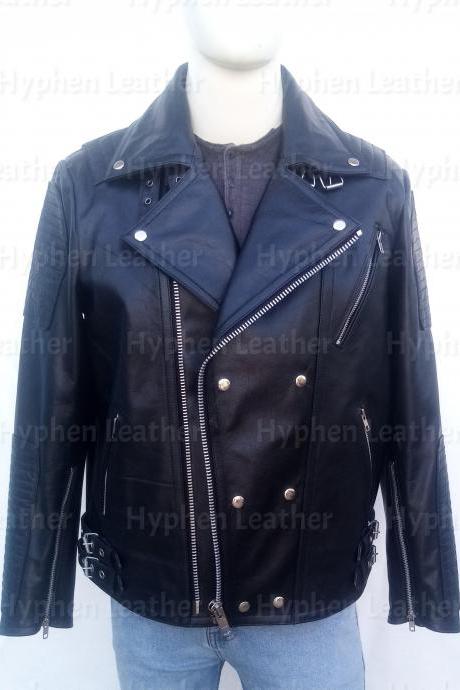Handmade Mens Black Fashion Leather Jacket Button Up Cowhide Leather Jacket-53