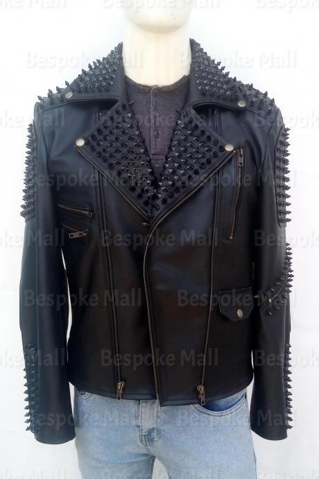 New Handmade Men Full Black Spiked Studded Brando Biker Punk Unique Designed Cowhide Leather Jacket-54