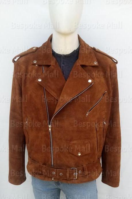 Handmade Mens Brown Western Were Brando Cowhide Suede Leather Jacket-56