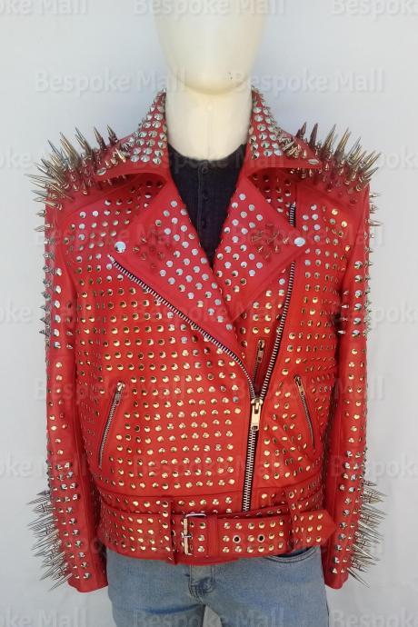 Handmade Mens Red Rock Punk Full Silver Long Spiked Studded Rock Studded Brando Cowhide Biker Belted Leather Jacket-59
