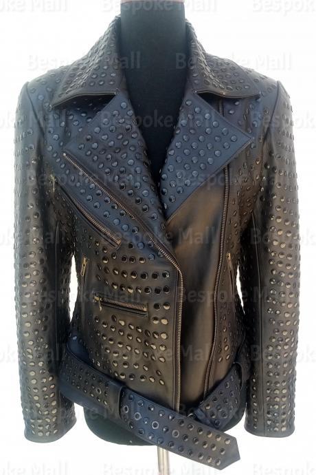 Handmade Women Black Full Black Tonal Rivets Studded Brando Fashion Style Biker Cowhide Leather Jacket-60