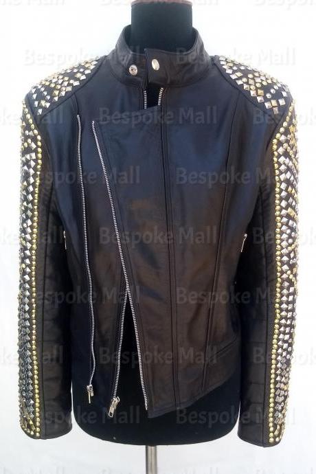 New Handmade Women Black Multicolored Golden Silver Studded Unique Style Biker On sleeves Tab Caller Cowhide Leather Jacket-61