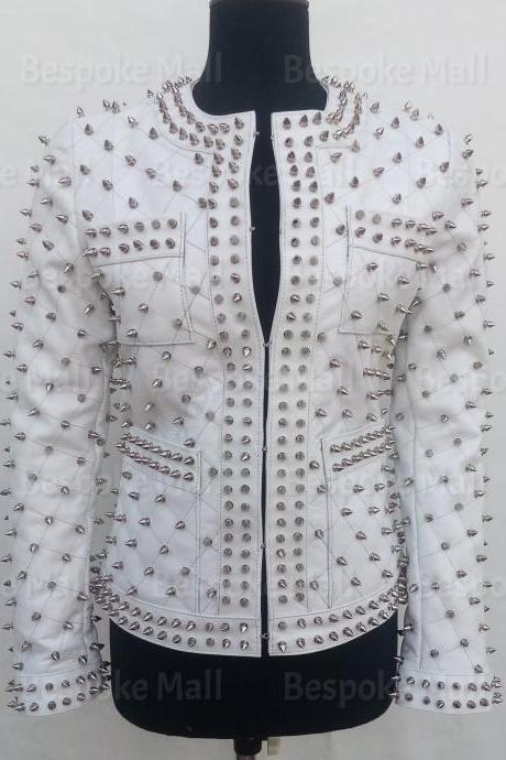 Handmade Woman Rock Punk White Full Silver Spiked Studded Front Pocket Stylish Cowhide Biker Leather Jacket-65