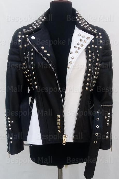 New Handmade Women Black Silver Studded Rock Punk Multicolored Unique Fashion Style Cowhide Belted Biker Leather Jacket-67