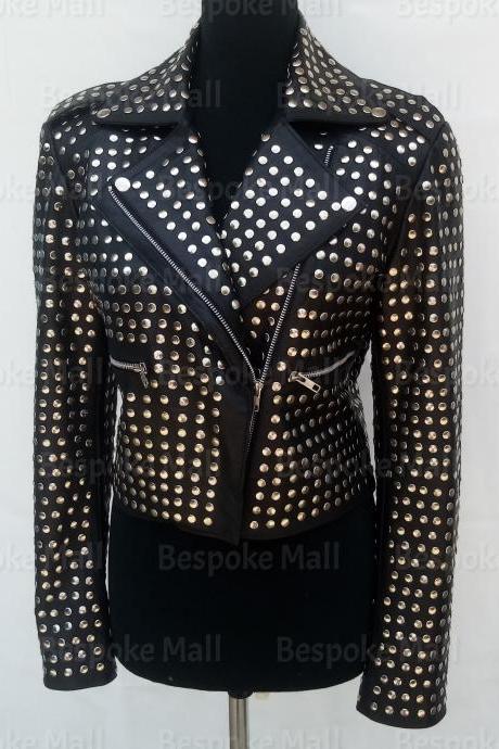 New Handmade Women black full Rivet Silver studded Brando Punk Style Cowhide Biker Leather Jacket-68
