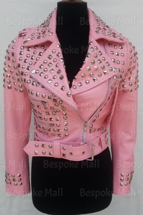 New Handmade Women baby pink Full Silver studded Punk Stylish Elegant Belted Design Cowhide Biker Leather Jacket-69