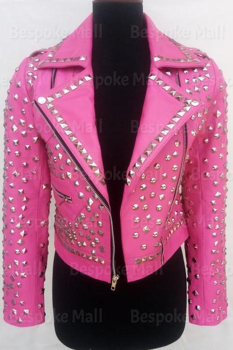 New Handmade Women Pink Colored Short Body full Silver studded Stylish Design Cowhide Biker Leather Jacket-70