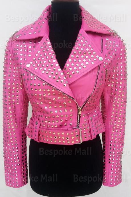 New Handmade Women Short Body Pink full Silver studded Spiked Brando Belted Style Cowhide Biker Leather Jacket-71