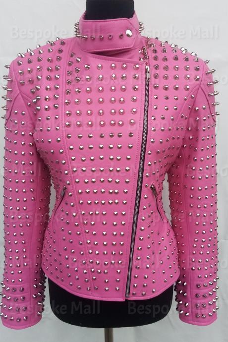 New Handmade Women Pink Unique Steam Punk Full Silver Studded Brando Biker Cowhide Leather Jacket-72