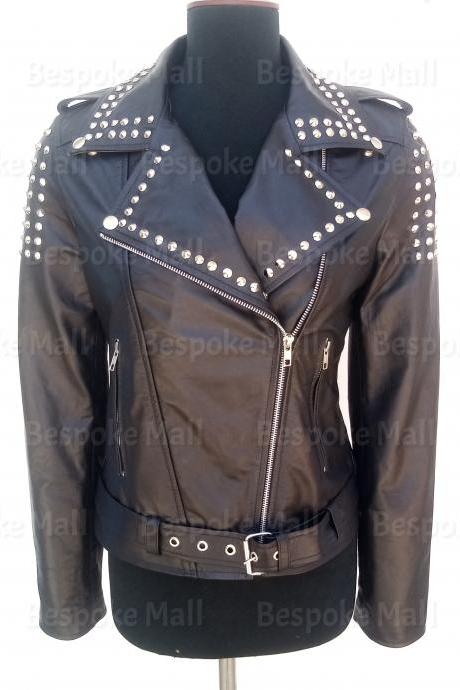 Handmade Women Black Silver Studded Brando Style Belted Designer Biker Cowhide Leather Jacket-64