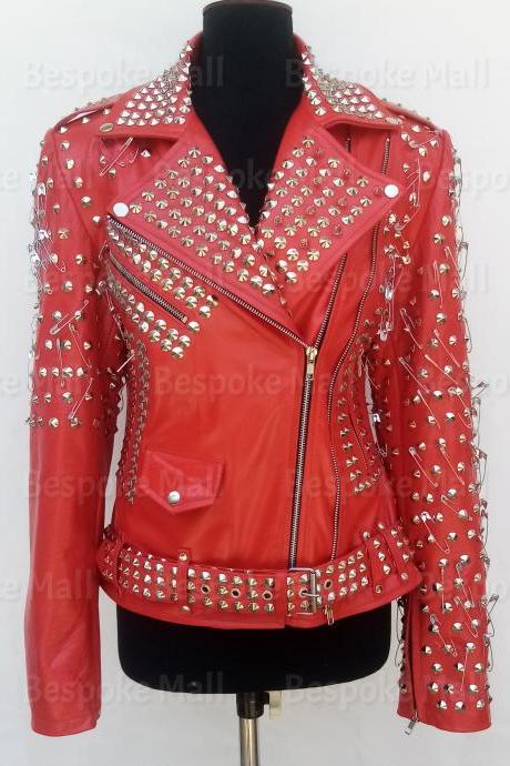 New Handmade Women Red Full Silver studded Unique Style Brando Belted Cowhide Leather Jacket-73