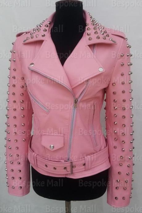 Handmade Women Pink Rock Punk Full Silver Studded Brando Stylish Cowhide Belted Leather Jacket-74