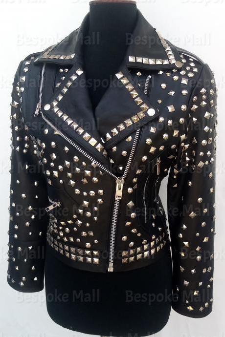 New Handmade Women Black Punk Full Silver Studded Brando Unique Biker Zipper Leather Jacket-75