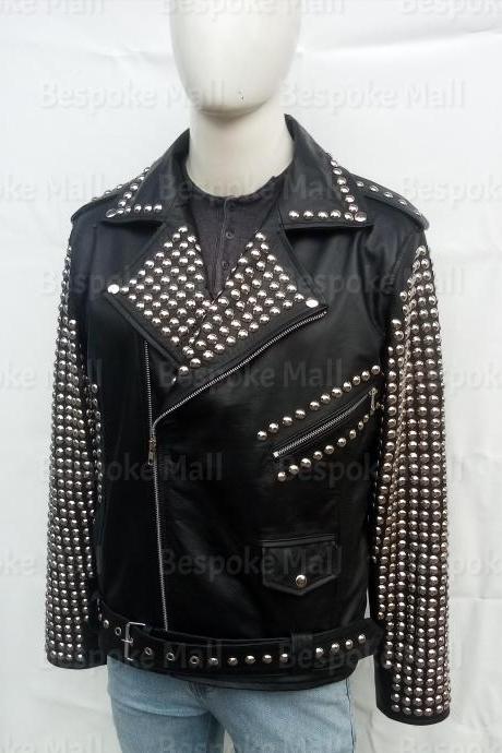 Handmade Men Black Full Silver Rock Designer Brando Cowhide Leather Jacket-76
