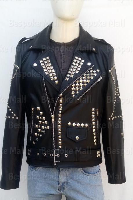 New Handmade Men Black Silver Studded Rock Punk Brando Studded Cowhide Belted Biker Leather Jacket-78