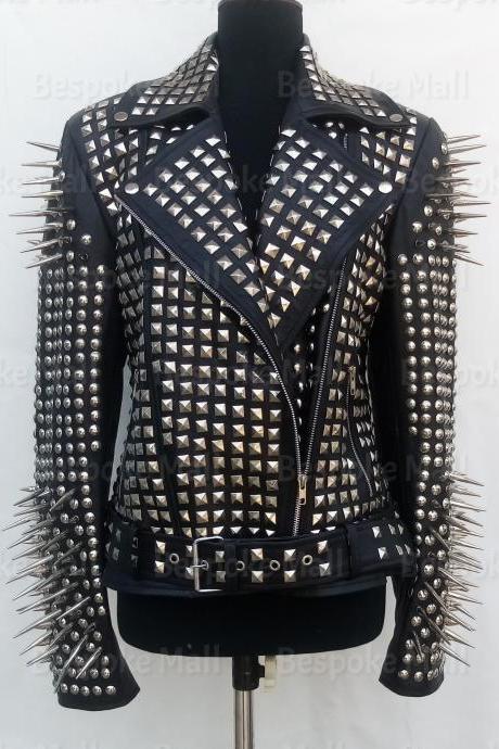 New Handmade Woman Black Punk Long Spike Full Silver Studded Star Fashion Punk Biker Brando cowhide Leather Jacket-80