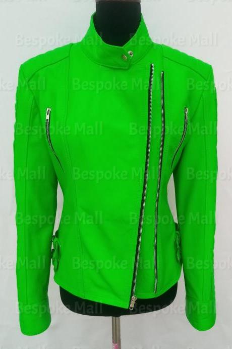 Handmade Woman Green Flrosend Stylish Fashion Cowide Leather Jacket-82