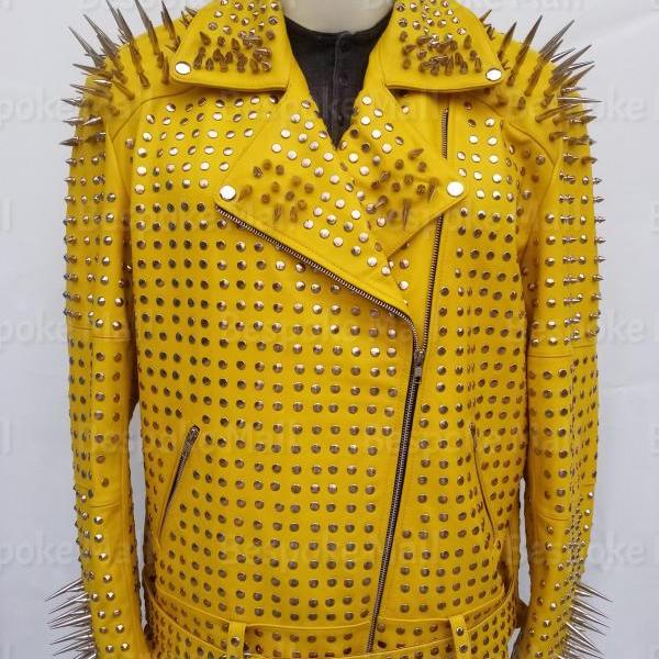 New Handmade Men Yellow Full Steampunk Silver Long Spiked Studded Leather Brando Belted Cowhide Leather Jacket-27