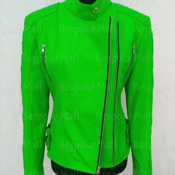 New Handmade Woman Green Flrosend Stylish Fashion Cowide Leather Jacket-82